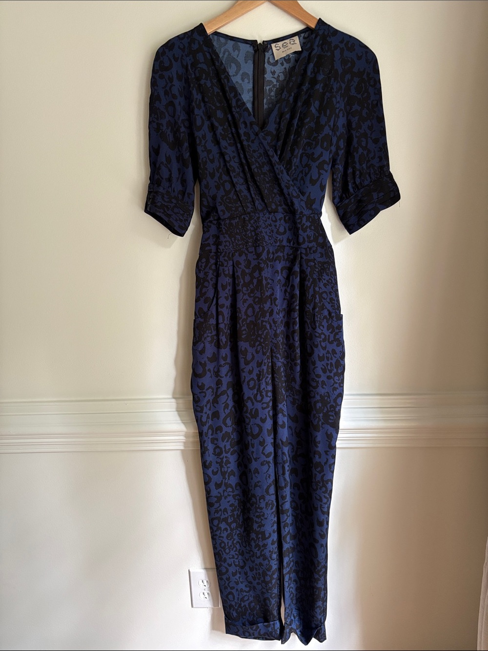 Sea New York 95% Silk Navy Leopard Animal Print Jumpsuit Tie Waist *Size XS/S